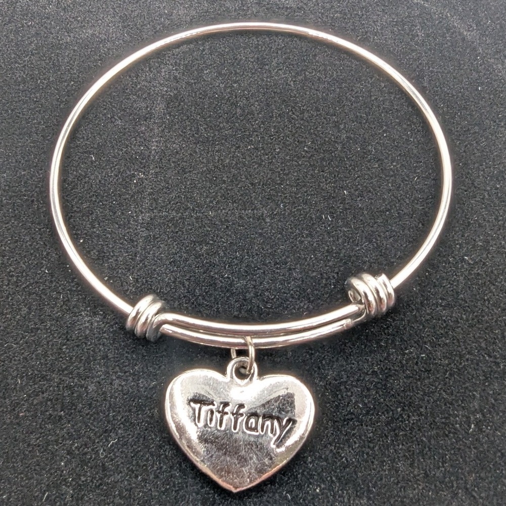 Tiffany Name Heart Charm Expandable Silver Tone Wire Bangle Bracelet